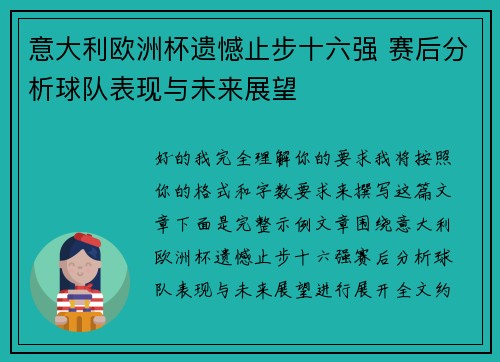 意大利欧洲杯遗憾止步十六强 赛后分析球队表现与未来展望 意大利欧洲杯遗憾止步十六强 赛后分析球队表现与未来展望