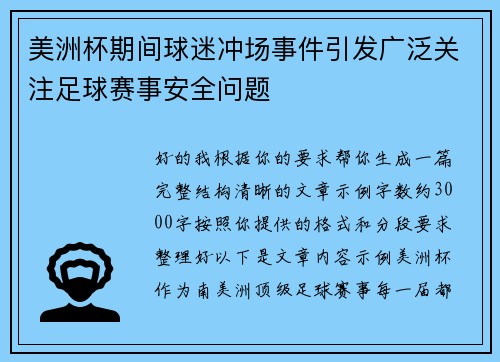 美洲杯期间球迷冲场事件引发广泛关注足球赛事安全问题 美洲杯期间球迷冲场事件引发广泛关注足球赛事安全问题
